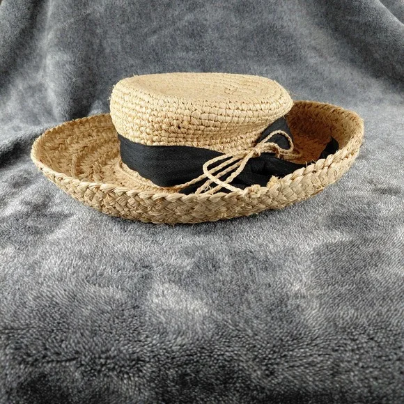 San Diego Hat Co Womens Raffia Straw Boater Hat Natural Tan Black Ribbon Band - Picture 5 of 7